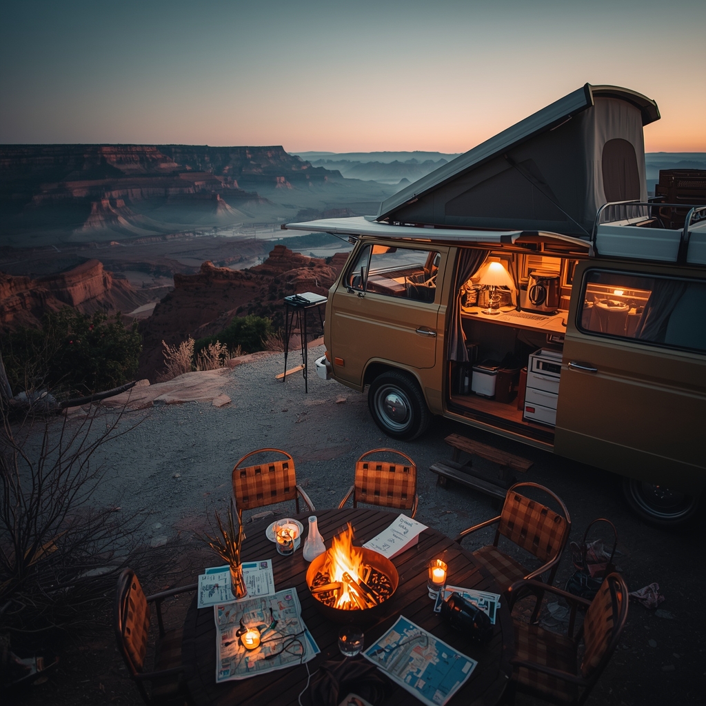 A cozy vintage camper van parked at a scenic overlook with a vast canyon landscape, campfire setup with string lights, adventure gear and maps spread on a wooden table, warm sunset tones, rustic outdoor travel lifestyle, professional photography, no people